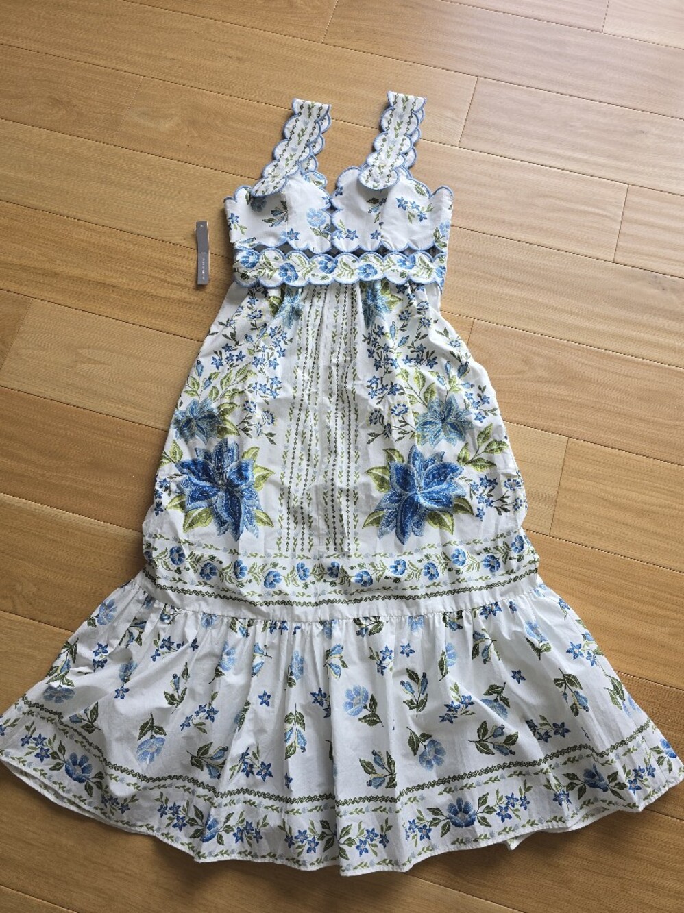 FARM Rio White Midi Dress with Blue Floral Embroidery